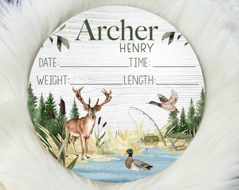 Hunting Birth Stat Sign, Buck Birth Stat Sign, Round Wood Birth Stat Sign, Mallard Duck Nursery Theme, Fishing Birth Stat Sign W48