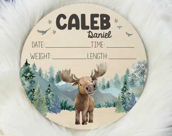 Woodland Moose Birth Stat Sign, Forest Birth Stat Sign, Round Wood Birth Stat Sign, Personalized Birth Stat Sign, Moose Birth Stat Sign W44