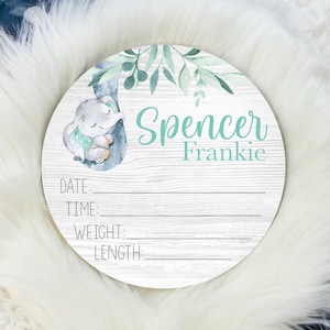 Safari Greenery Birth Stat Sign, Round Wood Birth Stat Sign, Elephant Stat Sign, Safari Animal Sign, Personalized Birth Stat Sign S46