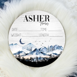 Mountains Birth Stat Sign, Round Wood Birth Stat Sign, Mountain Nursery, Adventure Awaits Birth Stat, Personalized Birth Stat Sign M23