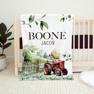 Red Tractor Farm Blanket, Tractor Personalized Baby Blanket, Farm Nursery, Tractor Farm Nursery, Farm Baby Shower, Tractor Blanket C40