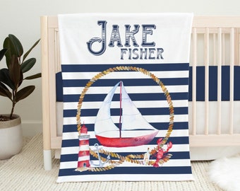 Sailboat Boy Blanket, Nautical Crib Bedding, Personalized Baby Blanket, Ocean Nursery, Newborn Coming Home Blanket, Baby Shower Gift O14