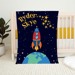 Rocket Blanket, Personalized Outer Space Baby Blanket, Newborn Coming Home Blanket, New Baby Gift, Celestial Bedding, Rocket Baby Blanket