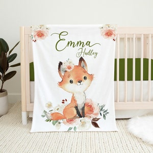 Girl Fox Nursery Baby Blanket, Woodland Animal Baby Blanket, New Baby Gift, Fox Baby Blanket, Fox Forest Baby Blanket, Fox Nursery Decor W25