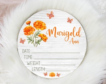 Girl Birth Stat Sign, Marigolds Floral Birth Stat Sign, Round Wood Birth Stat Sign, Personalized Birth Stat Sign,Marigold Sign F107