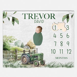 Green Tractor Baby Milestone Blanket, Farm Tractor Milestone Blanket, Monthly Baby Blanket, Boy Tractor Blanket, Baby Milestone Blanket C40