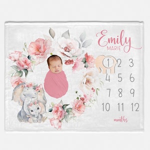 Girl Elephant Milestone Blanket, Pink Roses Milestone Blanket, Baby Month Blanket, Baby Girl Blanket, Elephant Baby and Mommy  Blanket S64