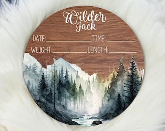 Mountains Birth Stat, Boy Birth Stat Sign, Round Wood Birth Stat Sign, Mountains Nursery, Personalized Birth Stat Sign, Newborn Gift M28