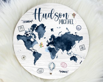 Round Wood Name Sign, Wood Baby Name Sign, World Map Baby Sign, Adventure Name Sign, Baby Announcement Sign, Airplane Travel Nursery T2