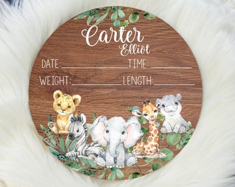 Safari Birth Stat Sign, Round Wood Birth Stat Sign, Safari Stat Sign, Safari Animal Sign, Personalized Birth Stat Sign, Newborn Gift S1