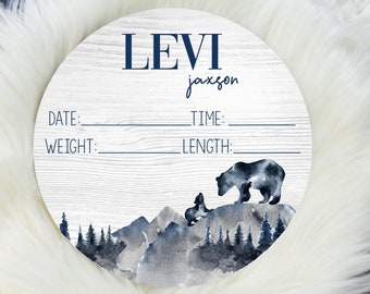 Bear Birth Stat Sign, Round Wood Birth Stat Sign, Mountain Nursery, Mountain Bear Birth Sign, Personalized Birth Stat Sign, Newborn Gift M1