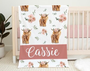Boho Highland Cow Blanket, Girl Highland Cow Blanket, Personalized Baby Blanket, Farm Animal Nursery Theme, Highland Cow Nursery C19