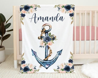 Nautical Girl Blanket, Nautical Crib Bedding, Personalized Baby Blanket, Sea Nursery, Newborn Coming Home Blanket, Baby Shower Gift O15