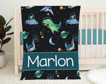 Space Dinosaurs Blanket, Personalized Dinosaur Outer Space Baby Blanket, Space Dinosaur Blanket, New Baby Gift, Space Dino Blanket T47