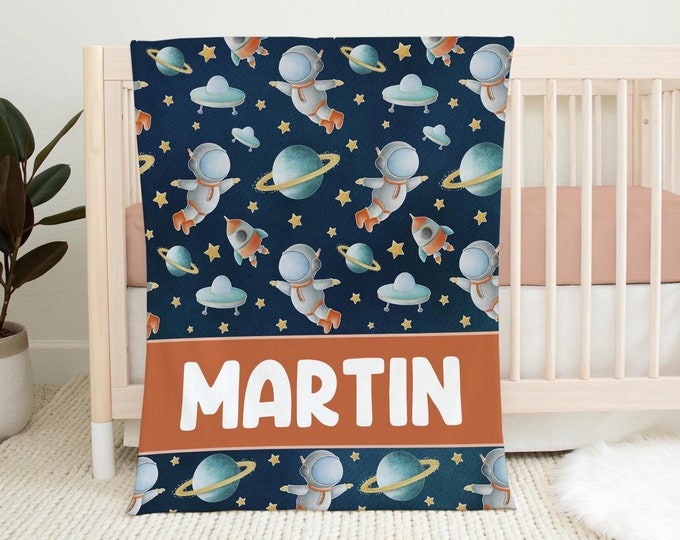 Astronaut and Rocket Blanket, Personalized Outer Space Baby Blanket, Newborn Coming Home Blanket, New Baby Gift, Rocket Baby Blanket T41