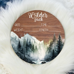 Mountains Birth Stat, Boy Birth Stat Sign, Round Wood Birth Stat Sign, Mountains Nursery, Personalized Birth Stat Sign, Newborn Gift M28