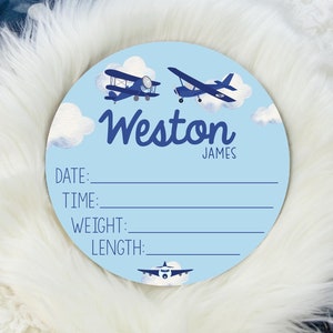 Airplane Birth Stat Sign, Round Wood Birth Stat Sign, Boy Airplane Birth Stat Sign, Personalized Birth Stat Sign, Newborn Gift T52