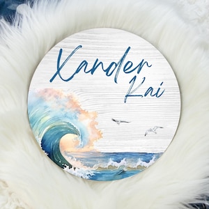 Ocean Waves Round Wood Name Sign, Surfer Baby Sign, Round Wood Baby Name Sign, Baby Announcement Sign, Ocean Nursery Decor O40
