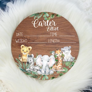 Safari Birth Stat Sign, Round Wood Birth Stat Sign, Safari Stat Sign, Safari Animal Sign, Personalized Birth Stat Sign, Newborn Gift S1