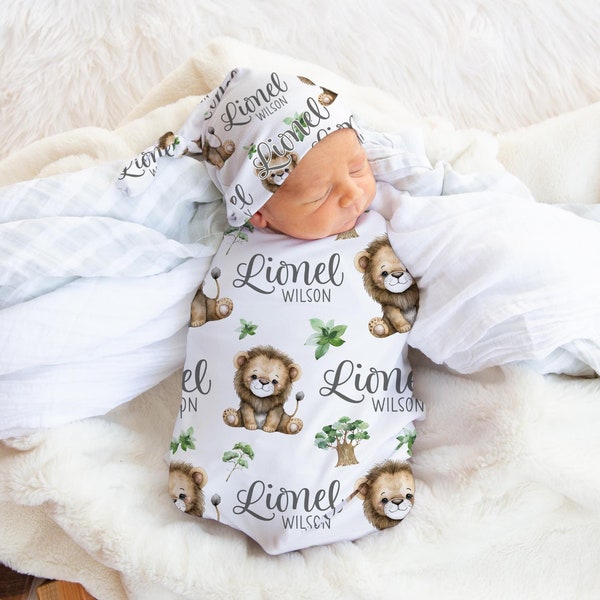 Manta de bebé personalizada con diseño de león, manta safari, regalo para baby shower (tamaño S54)