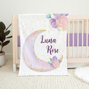 Luna Blanket, Personalized Moon and Stars Baby Blanket, Newborn Coming Home Blanket, New Baby Gift, Celestial Bedding, Girl Luna Blanket T8