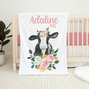 Cow Blanket, Black and White Cow Crib Bedding, Personalized Baby Blanket, Farm Animal Nursery Theme, Newborn Coming Home Blanket C3