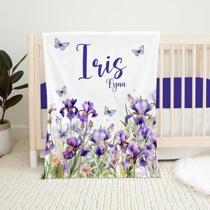 Personalized Baby Blanket, Iris Baby Blanket, Girl Baby Blanket, Blue Purple Iris Floral Baby Blanket, Nursery Blanket, Irises Blanket F98