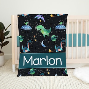 Space Dinosaurs Blanket, Personalized Dinosaur Outer Space Baby Blanket, Space Dinosaur Blanket, New Baby Gift, Space Dino Blanket T47