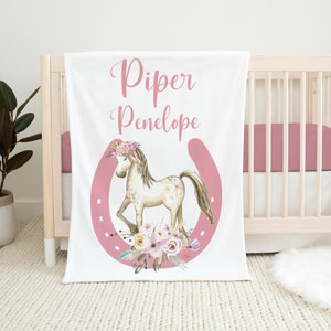 Girl Pony Blanket, Horse Girl Blanket, Personalized Baby Blanket, Horse Nursery Theme, Newborn Blanket, Baby Shower Gift, Floral Pony C10