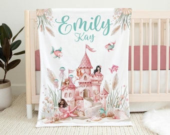 Mermaid Baby Blanket, Mermaid Castle Blanket, Mermaid Nursery, Ocean Life Nursery, Mermaid Bedding, Personalized Mermaid Blanket O43