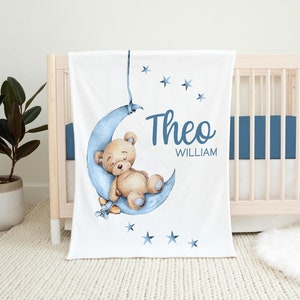 Bear Moon Blanket, Personalized Moon and Stars Baby Blanket, Lullaby Bear Blanket, New Baby Gift, Moon Bear Blanket, Luna Blanket B28