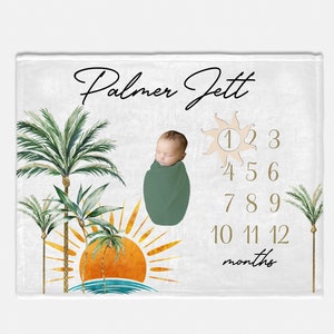 Tropical Milestone Blanket, Beach Monthly Baby Blanket, Palm Tree Blanket, Baby Shower Gift, Newborn Gift, Sun Milestone Blanket B69