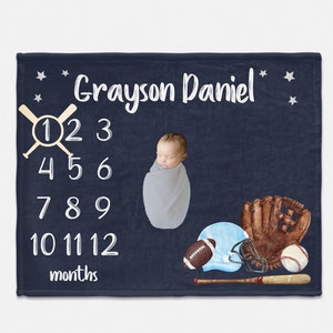 Boy Baseball Milestone Blanket, Football Milestone Blanket, Personalized Baby Blanket, Monthly Baby Blanket, Baby Sports Blanket B1 B43