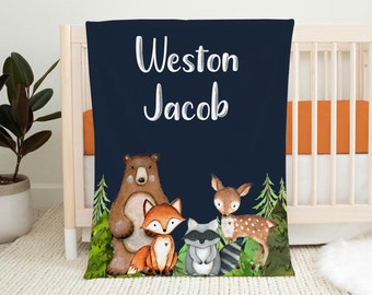 Woodland Nursery Baby Blanket, Forrest Animal Baby Blanket, New Baby Gift, Woodland Animal Baby Blanket, Bear Fox Raccoon Deer Blanket W1