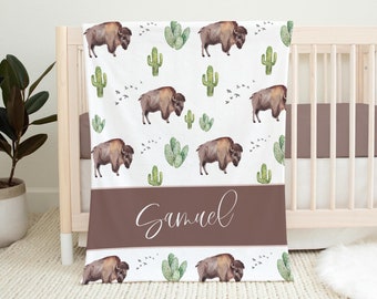 Mountain Buffalo Cactus Blanket, Personalized Cactus Baby Blanket, Buffalo Baby Blanket, Boy Nursery Blanket, Southwest Cactus Nursery M12