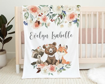 Woodland Nursery Baby Blanket, Girl Forest Animal Baby Blanket, Baby Gift, Woodland Animal Baby Blanket, Bear Fox Raccoon Girl Blanket W5