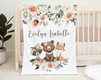 Woodland Nursery Baby Blanket, Girl Forest Animal Baby Blanket, Baby Gift, Woodland Animal Baby Blanket, Bear Fox Raccoon Girl Blanket W5