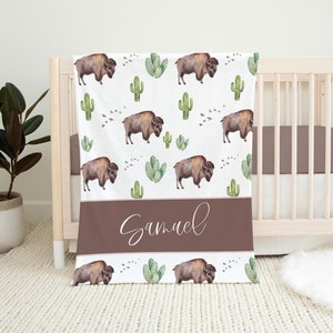 Mountain Buffalo Cactus Blanket, Personalized Cactus Baby Blanket, Buffalo Baby Blanket, Boy Nursery Blanket, Southwest Cactus Nursery M12
