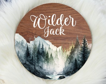 Mountain Moon Baby Name Sign, Round Wood Name Sign, Wood Baby Name Sign, Mountain Name Sign, Baby Announcement, Adventure Nursery Decor M28