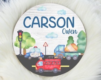 Transport Round Wood Name Sign, Cars Baby Sign, Transport Baby Name Sign, Baby Announcement Sign, Transport Nursery, Train Sign T40