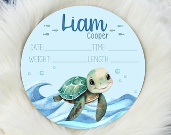 Turtle Birth Stat Sign, Ocean Birth Stat Sign, Round Wood Birth Stat Sign, Sea Turtle Sign, Personalized Birth Stat Sign, Newborn Gift O33