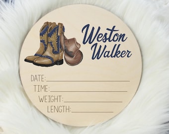 Cowboy Birth Stat Sign, Round Wood Birth Stat Sign, Western Birth Stat Sign, Cowboy Boots Personalized Birth Stat Sign, Newborn Gift D8