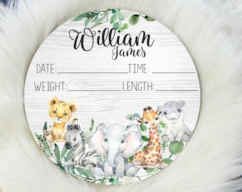 Safari Birth Stat Sign, Round Wood Birth Stat Sign, Safari Stat Sign, Safari Animal Sign, Personalized Birth Stat Sign, Newborn Gift S1