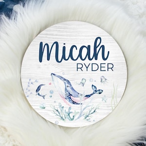 Whale and Dolphin Wood Name Sign, Under The Sea Baby Sign, Round Wood Baby Name Sign, Baby Announcement Sign, Sea Life Nursery Decor O25
