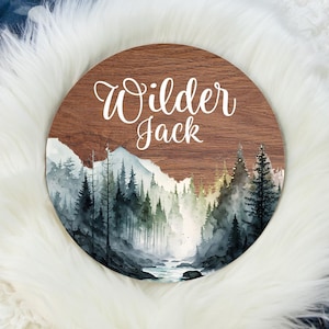 Mountain Moon Baby Name Sign, Round Wood Name Sign, Wood Baby Name Sign, Mountain Name Sign, Baby Announcement, Adventure Nursery Decor M28