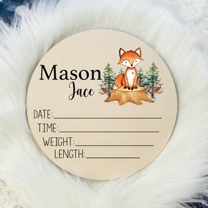 Birth Stat Sign, Round Wood Birth Stat Sign, Woodland Fox Birth Stat Sign, Personalized Birth Stat Sign, Newborn Gift, Baby Fox Stat Sign W3