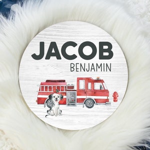 Fire Truck Baby Sign, Round Wood Name Sign, Wood Baby Name Sign, Fireman Name Sign, Baby Announcement Sign, Baby Fireman Nursery Sign B64