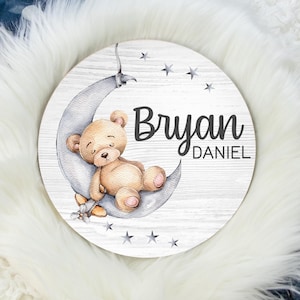 Lullaby Baby Bear Wood Name Sign, Moon Bear Baby Sign, Round Wood Baby Name Sign, Baby Announcement Sign, Moon Bear Decor, Baby Sign B28