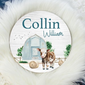 Cow Farm Animal Baby Name Sign, Round Wood Name Sign, Wood Baby Name Sign, Cow Name Sign, Baby Announcement Sign, Farm Nursery Decor C37