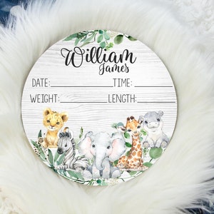 Safari Birth Stat Sign, Round Wood Birth Stat Sign, Safari Stat Sign, Safari Animal Sign, Personalized Birth Stat Sign, Newborn Gift S1